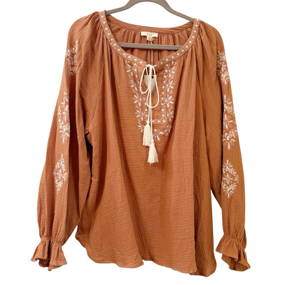 Easel Women's Tan Gauze Embroidered Tie Front Blouse